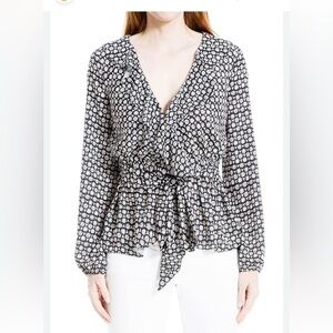 Max Studio Floral Wrap Ruffle Blouse Long Sleeve Size XL Black & White